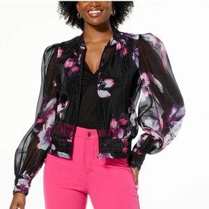 Christian Soriano Floral Sheer Bomber Jacket. Women’s Sz-L EUC Black | Pink.